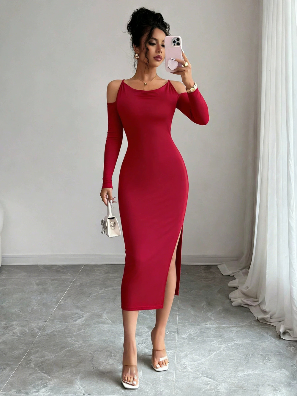 ZARA Elegant Off Shoulder Bodycon Long Sleeve Split Midi Party Dress